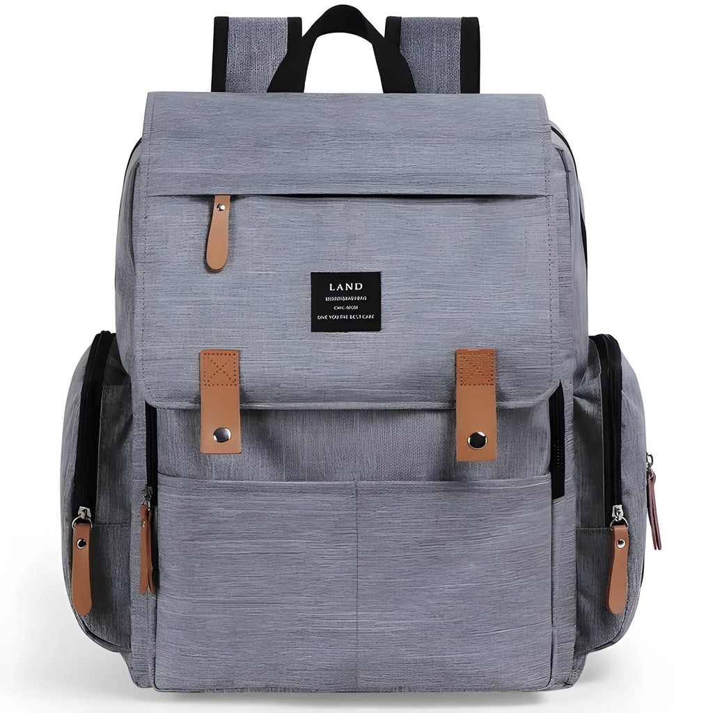 LAND Mommy Diaper Backpack in Oxford cloth with integrated changing mat, showing backpack straps and main compartment.