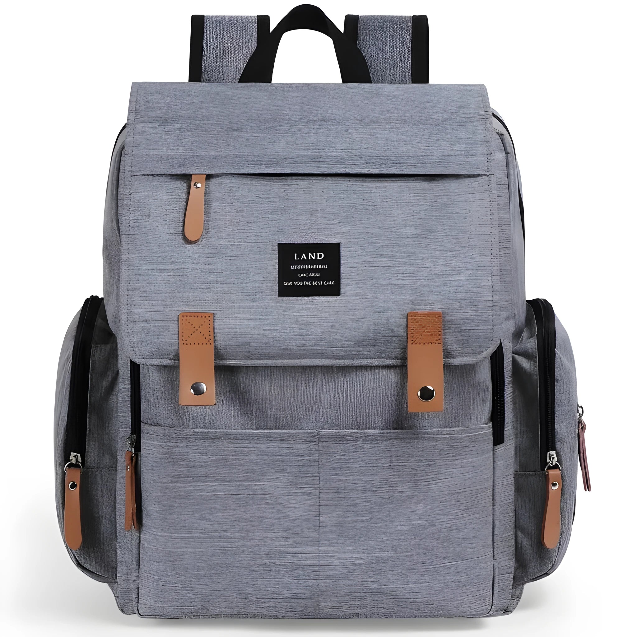 LAND Mommy Diaper Backpack in Oxford cloth with integrated changing mat, showing backpack straps and main compartment.