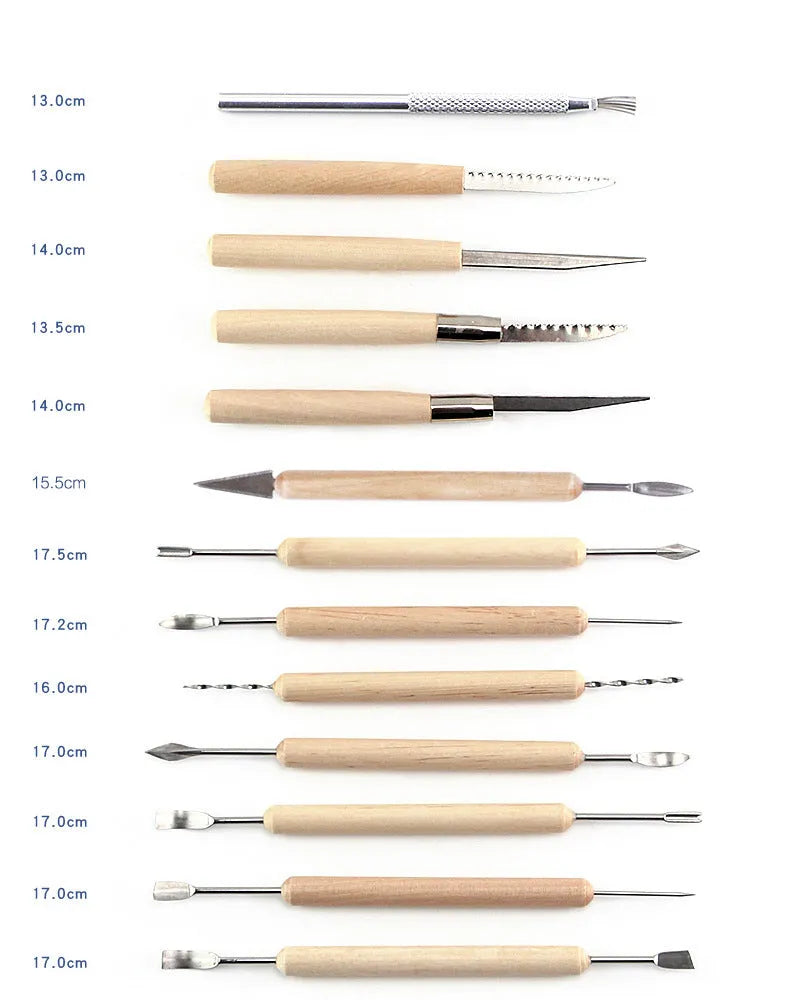 27-piece pottery clay tool set with stainless steel, wood, and plastic sculpting tools rolled in a package.
