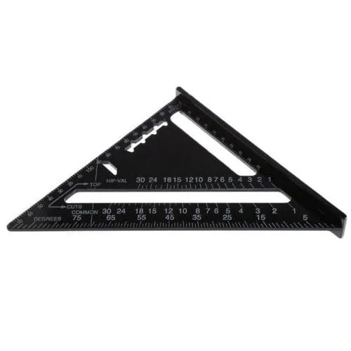 Black aluminium triangle ruler square showing 90 and 45 degree angles with measurement scales