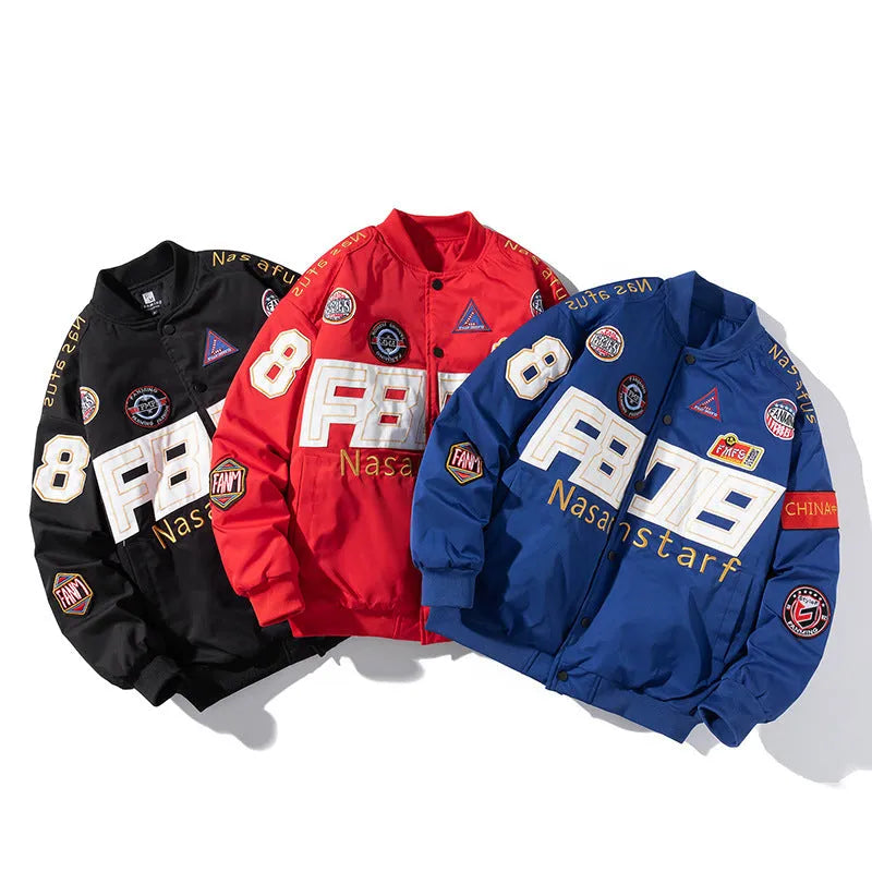 Black American motorcycle-style baseball uniform jacket with side pocket and detachable hood.
