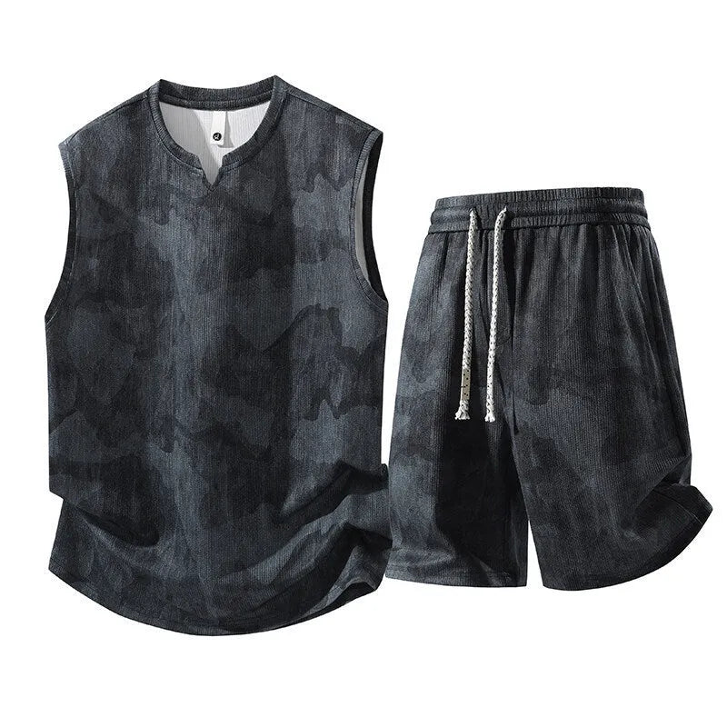 Sleeveless vest and shorts two-piece suit for larger sizes in quick-drying hemp-blend fabric