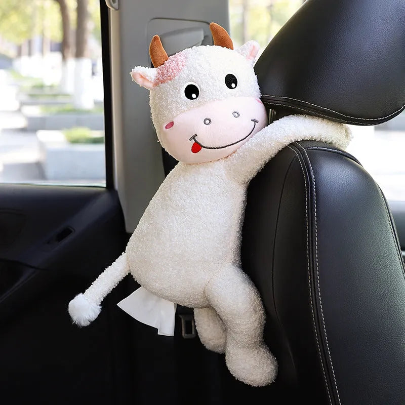 Plush car seat tissue holder with strap attached to vehicle seat back in animal design