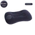 Gray inflatable travel pillow showing press valve, dimensions 45cm by 30cm.