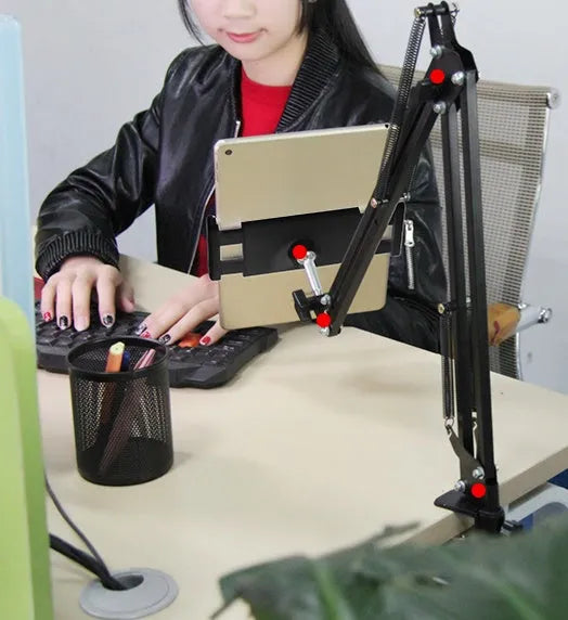 Adjustable phone and tablet stand in black and white colours on desktop