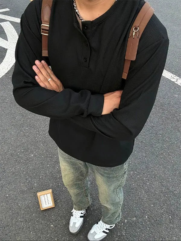 Men's loose pullover round neck long sleeve shirt jacket in black, chemical fibre blend, size M-XXXL