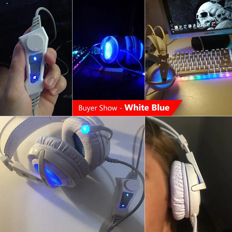 Black and white 7.1 USB gaming headset with LED lights on earcups and a padded headband