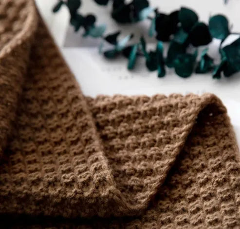 Nordic style fringed knit ball acrylic blanket in beige, brown, dark grey, or bean paste, size 130 by 170 cm.