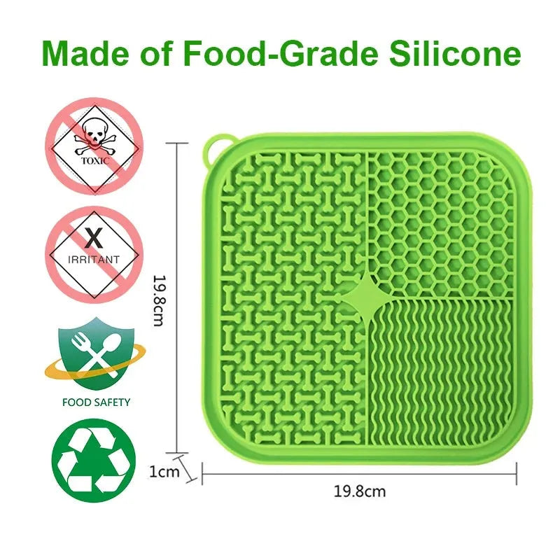 Blue silicone dog licking mat with suction cups on back, textured surface for slow feeding.