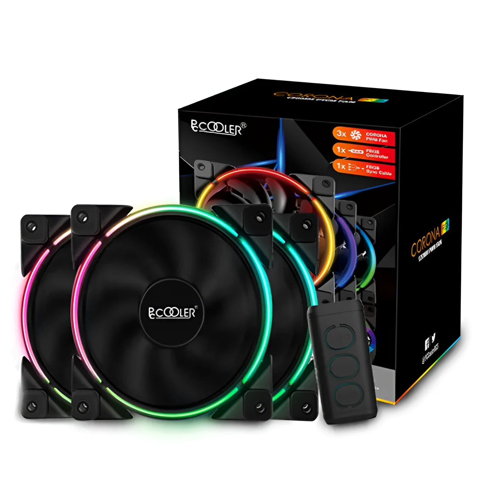 Set of three black 12cm RGB PC case fans with illuminated blades