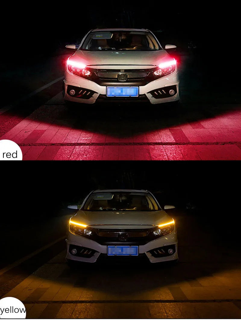 Silicone waterproof car LED strip for daytime running lights and flowing turn signals, showing wire connections.