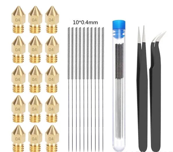 Brass MK8 nozzle and stainless steel cleaning pin for 3D printer maintenance