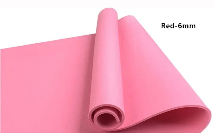 Red EVA fitness yoga mat showing thickness options of 4mm and 6mm on a wooden floor