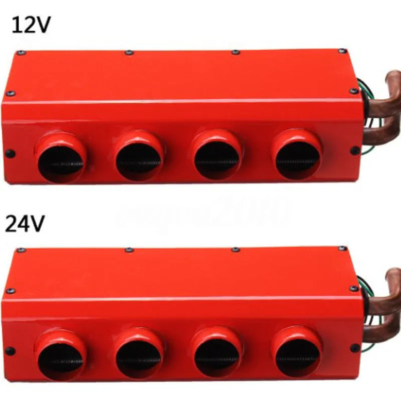 Metal car heater unit with copper pipe connections for 12V 24V auxiliary vehicle heating.