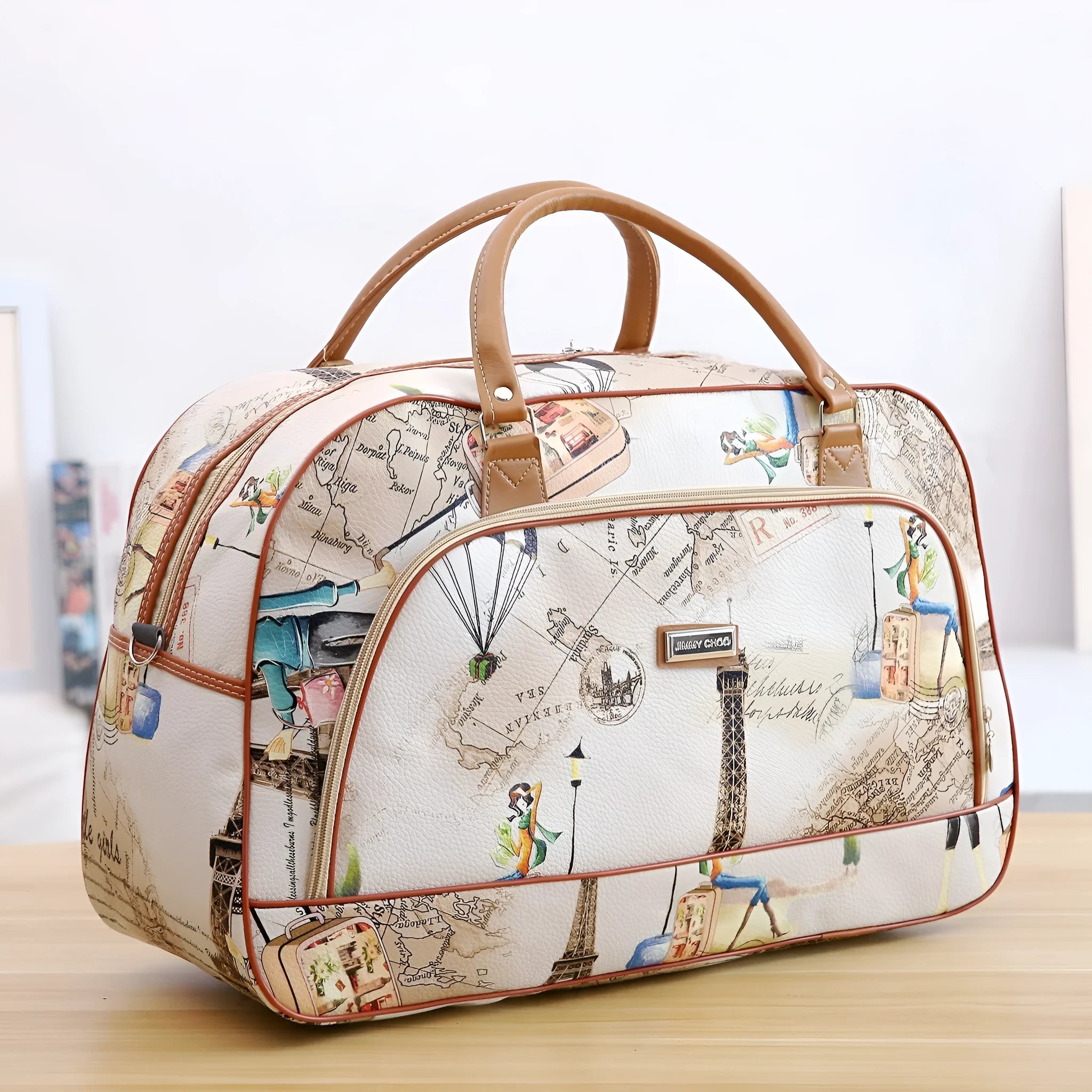 Large PU leather hand travel duffel bag with zipper closure and soft handle in black colour