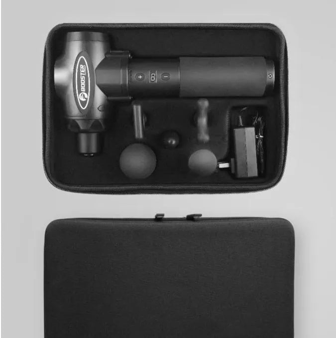 Black and white handheld muscle massager with adjustable speed control and lithium battery power