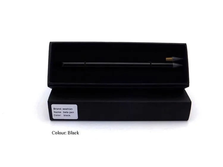 Silver inkless metal pen with a 0.5 mm alloy tip, shown with its spare nib and carry bag on a desk.