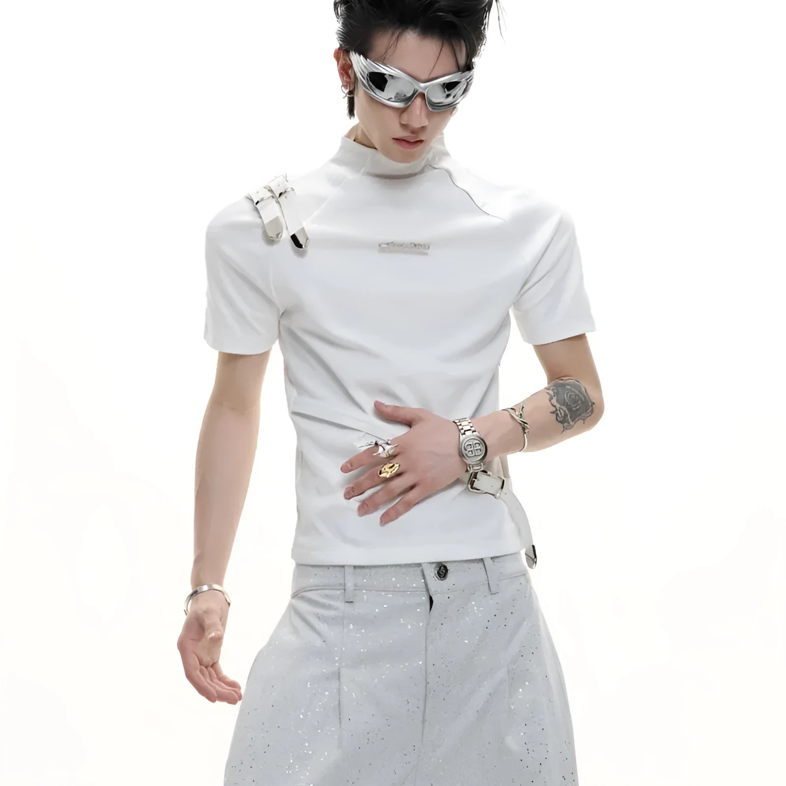 Men's black slim fit cotton T-shirt with metal belt detail and stand-up collar.