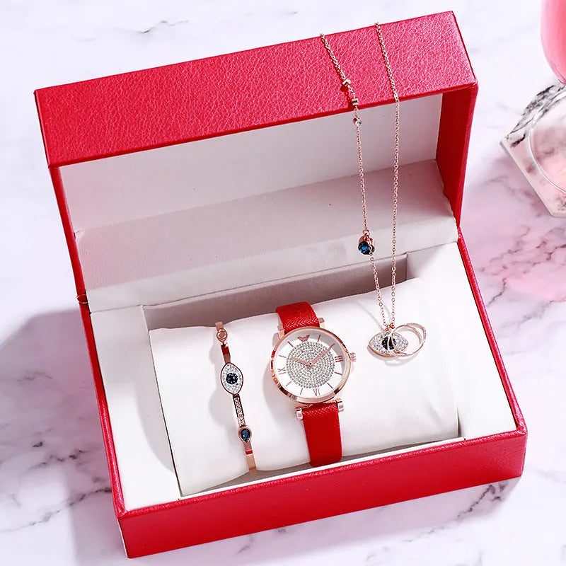 Women's quartz wrist watch with round alloy case, sapphire crystal glass, genuine leather strap, and onion crown