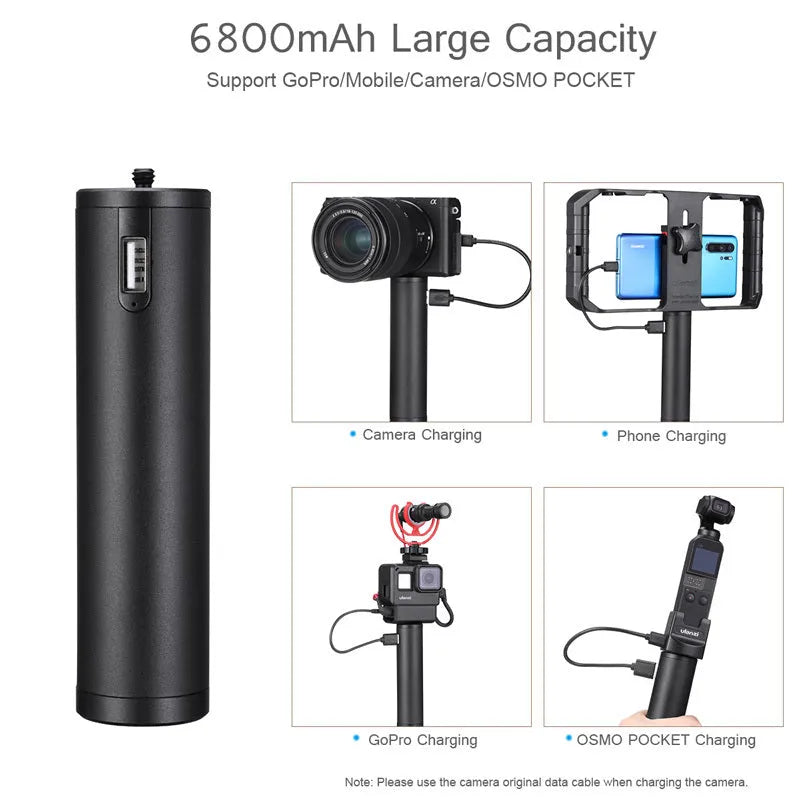 Black aluminium alloy power bank handle with 6800mAh capacity for mobile charging