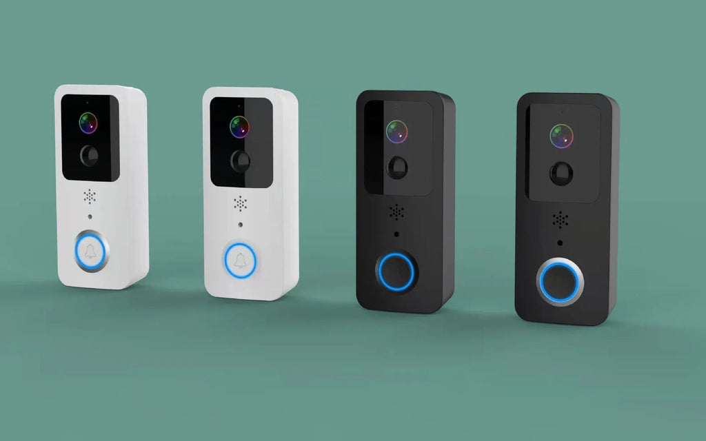 Smart home waterproof visual doorbell with camera and 18650 battery, shown in black and white doodle board designs.
