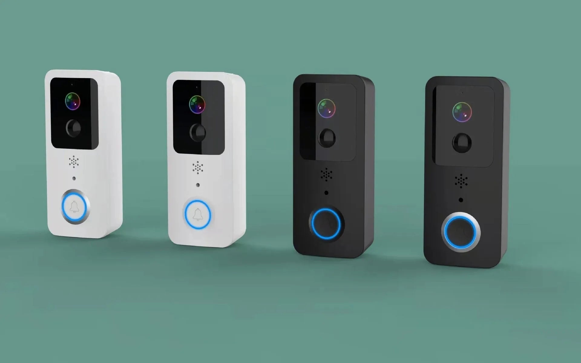 Smart home waterproof visual doorbell with camera and 18650 battery, shown in black and white doodle board designs.