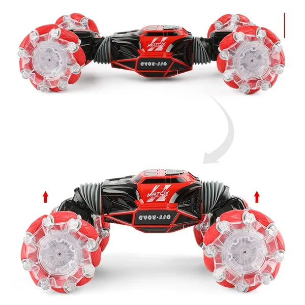 4WD RC stunt car in red with gesture remote control, morphing off-road design, plastic construction