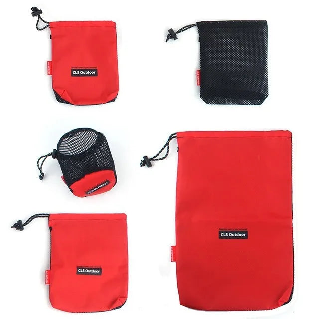 Red 5-piece outdoor travel storage bag set made from 200D Oxford cloth with mesh panels and zipper closures