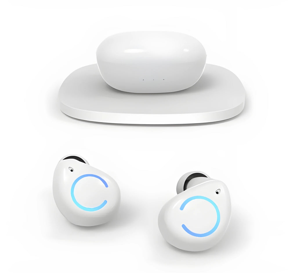 Black and white M18 true wireless Bluetooth in-ear headset with charging case.