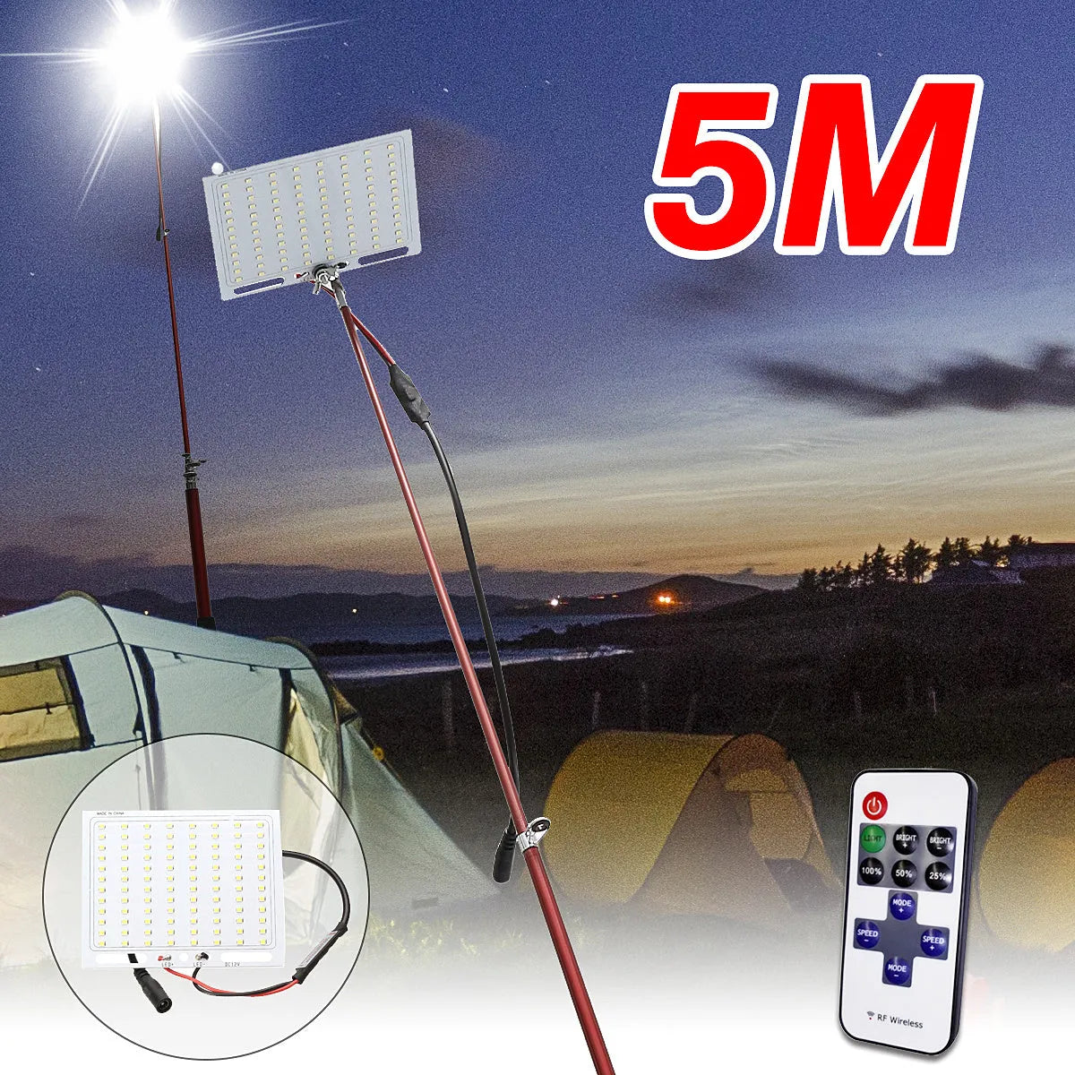 LED fishing rod light with telescopic pole and remote control for outdoor night fishing and camping