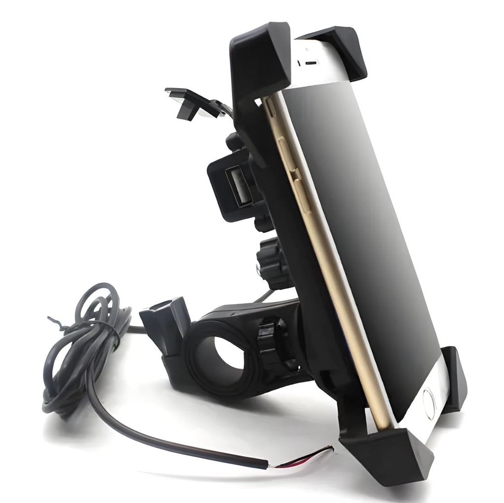 Black motorcycle phone mount with adjustable arms and USB charging port on handlebar