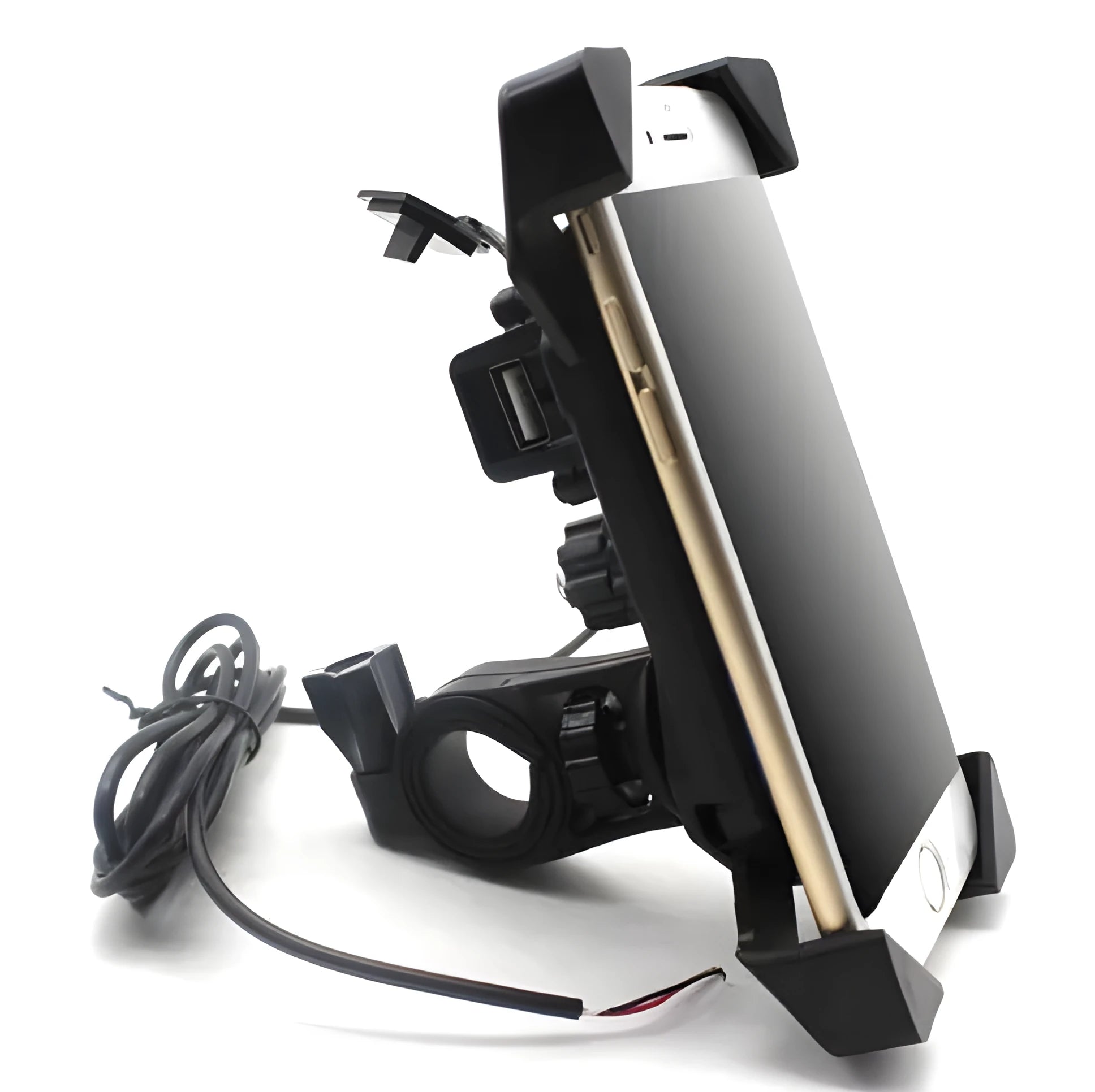 Black motorcycle phone mount with adjustable arms and USB charging port on handlebar