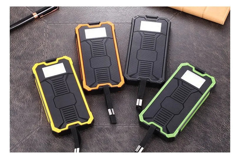 Solar power bank portable charger in black, green, orange, or yellow colours showing front and solar panel.