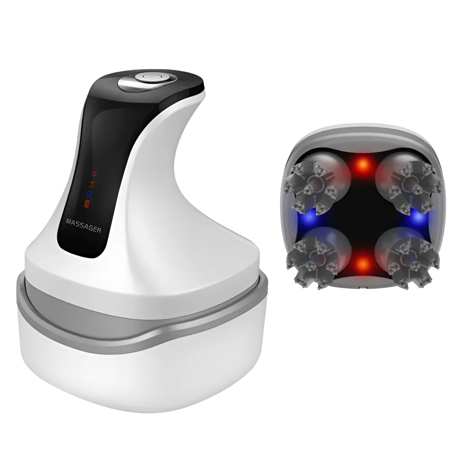 Rechargeable cat head massager in vanilla blue colour with push-button controls and four vibration settings