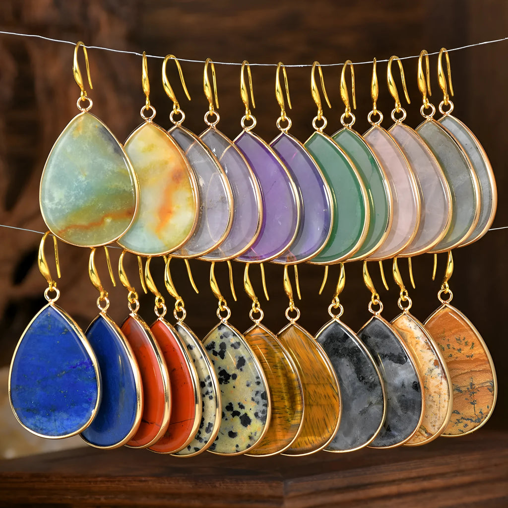 Women's retro-style drop earrings with a natural stone pendant in green aventurine on electroplated settings.