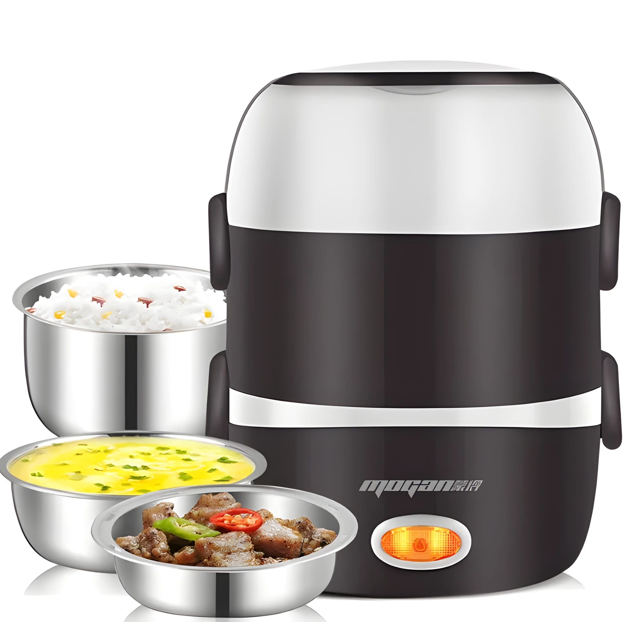 White rice cooker with 2L capacity and steaming basket options