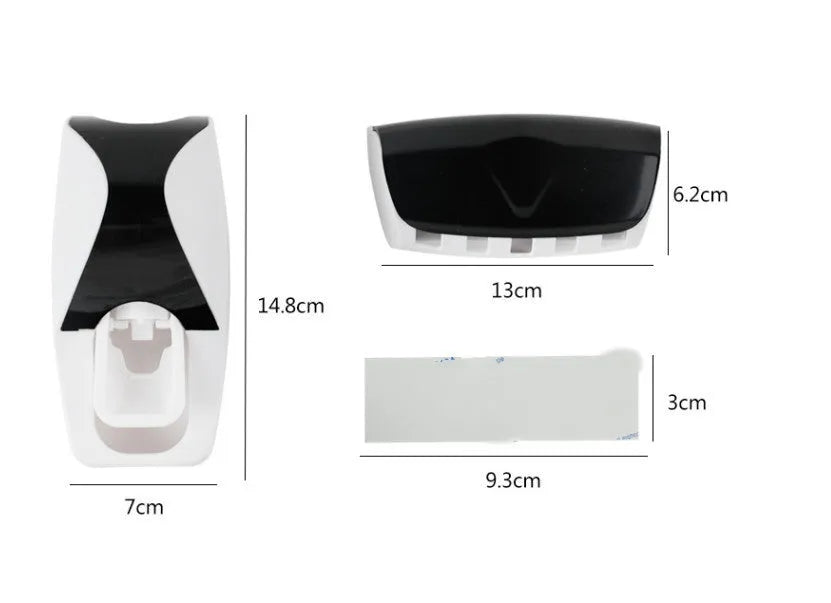 White adhesive wall-mounted toothbrush holder with pump on a bathroom tile.