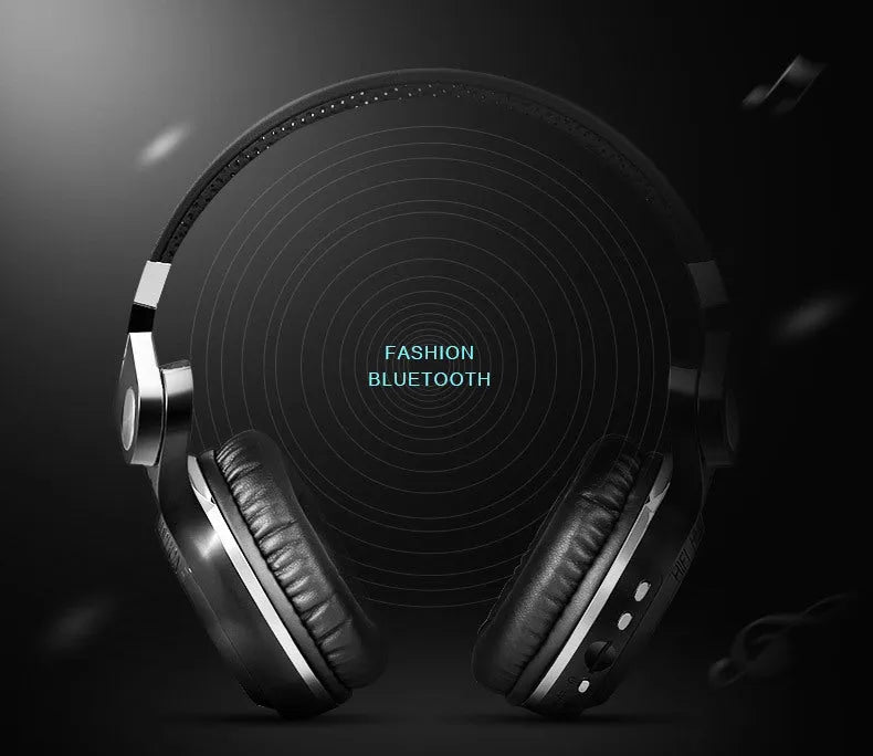 Black Bluetooth headset with head-mounted, bilateral stereo design.
