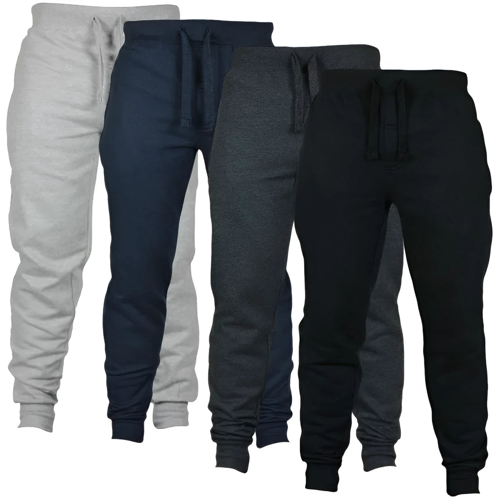 Men's solid colour cotton fleece casual trousers with drawstring waist in loose fit