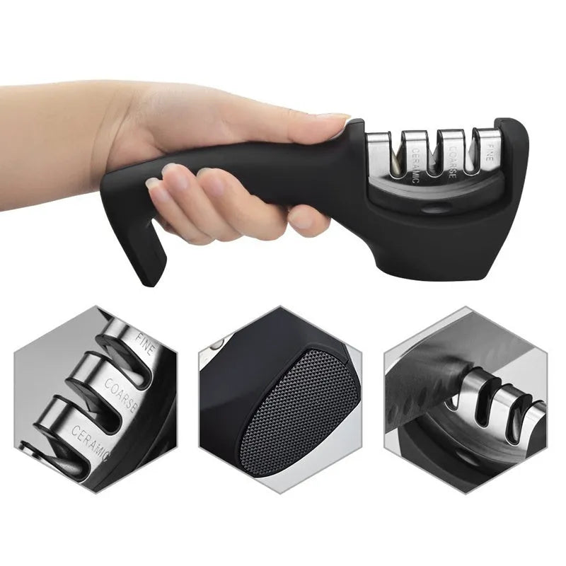 Professional three-stage manual knife sharpener in black with anti-slip rubber feet