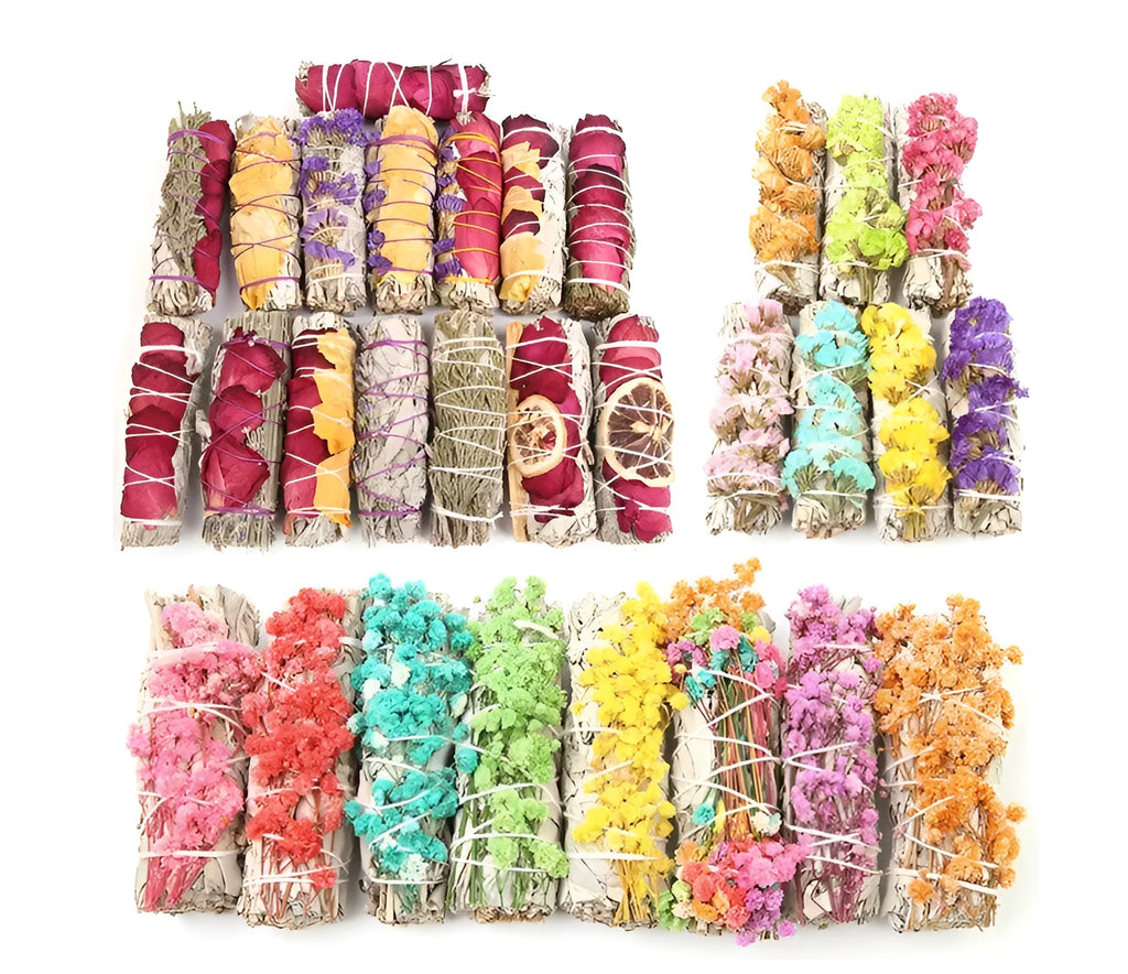 White sage and red rose petal colourful aromatherapy incense bundle on a wooden table