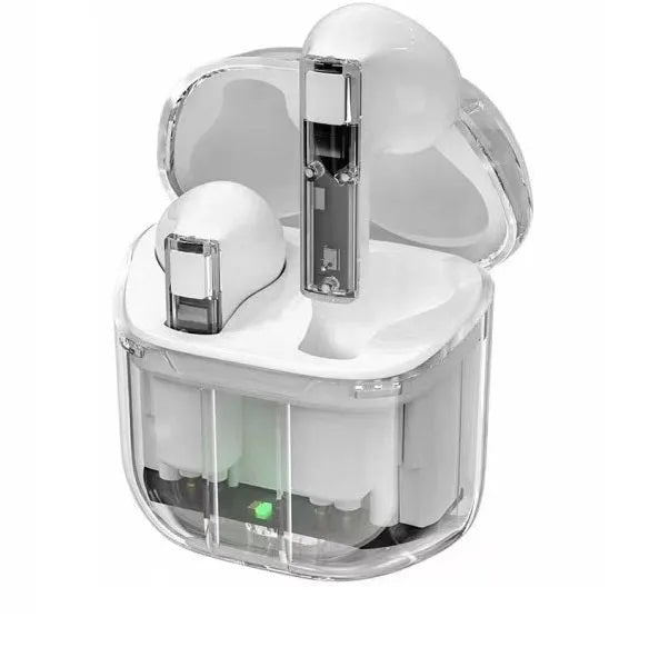 True wireless Bluetooth earbuds in a transparent charging case with a digital display, shown in light blue.