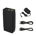 Compact LF4100 LiFePO4 battery measuring 168x89.2x43mm with charger and connection cables