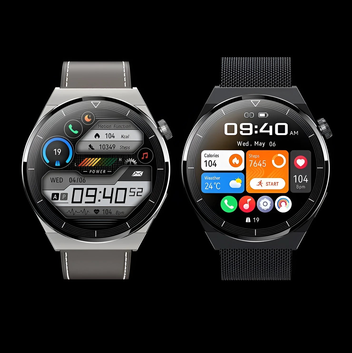 Black Android smartwatch with round 1.36 inch screen on a silicone strap, showing Bluetooth and NFC icons.