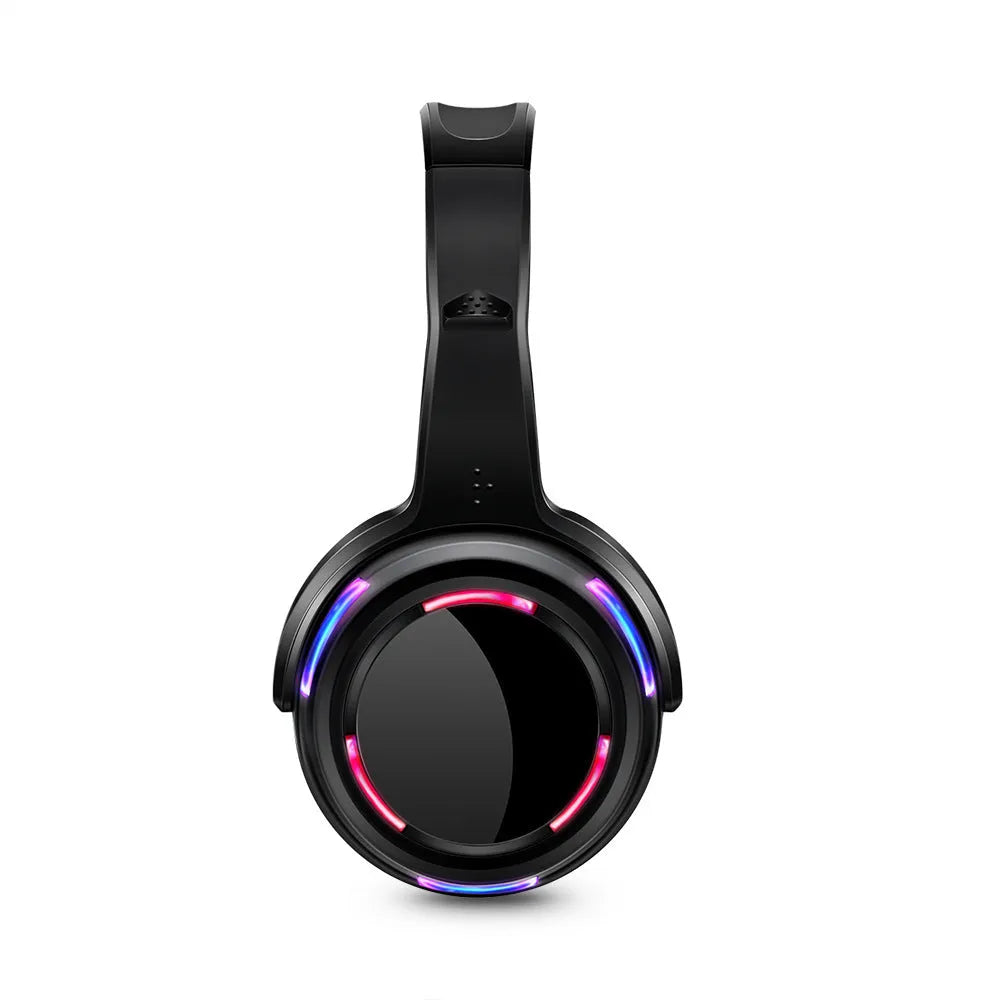 Black wireless silent disco headphones with LED light-up disco ball design on headset