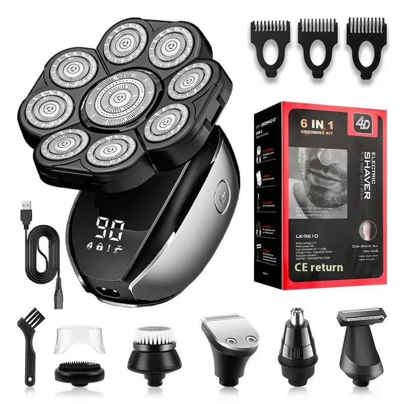 Black 6-in-1 rechargeable multifunctional hair clipper kit with attachments laid out