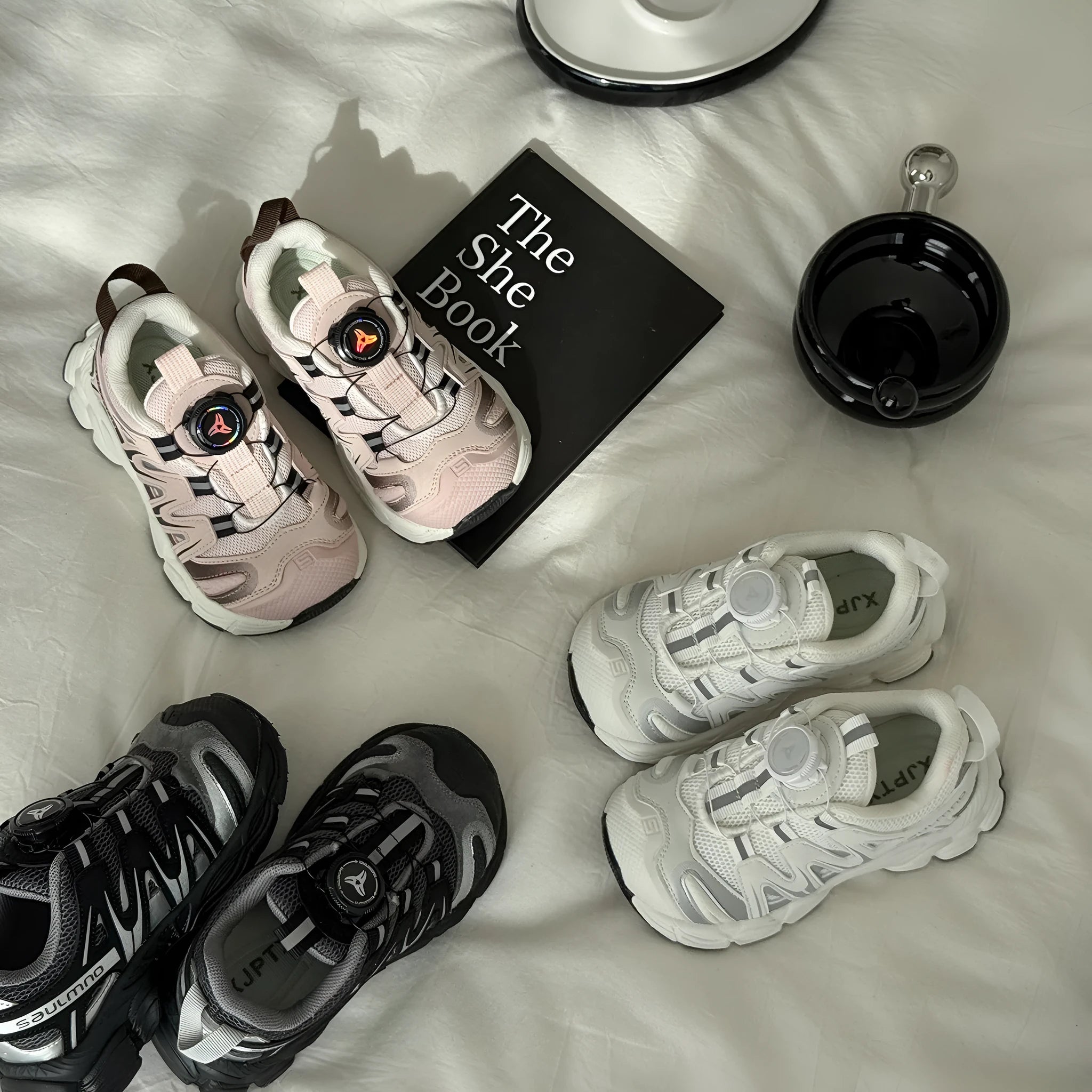 Lightweight casual shoes in black, beige, or pink with a breathable PU leather mesh upper.