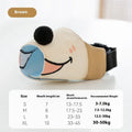 Canvas dog mouth cover muzzle in Ollie brown bear colour on a size chart