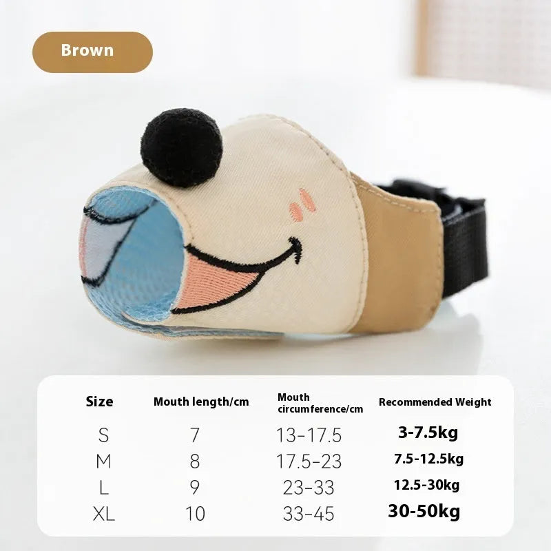 Canvas dog mouth cover muzzle in Ollie brown bear colour on a size chart