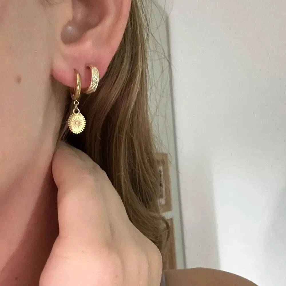 A pair of stainless steel geometric earrings featuring a central ellipse design on a woman's ear.